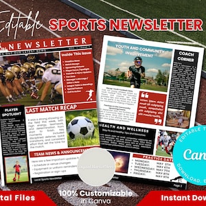 Op de afbeelding: Een sportnieuwsbriefsjabloon in rood en wit. Het bevat secties voor spelers in de schijnwerpers, wedstrijdverslagen, teamnieuws en betrokkenheid van de gemeenschap. De sjabloon is aanpasbaar in Canva en direct te downloaden.