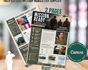 Modello di newsletter militare, modificabile con Canva, design a 2 pagine (download immediato)