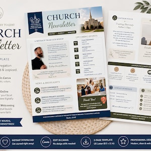 May include: A two-page church newsletter template featuring a clean layout with headers, text sections, and images. The design includes sections for a message from the bishop, upcoming events, news, highlights, announcements, and a Sunday schedule.