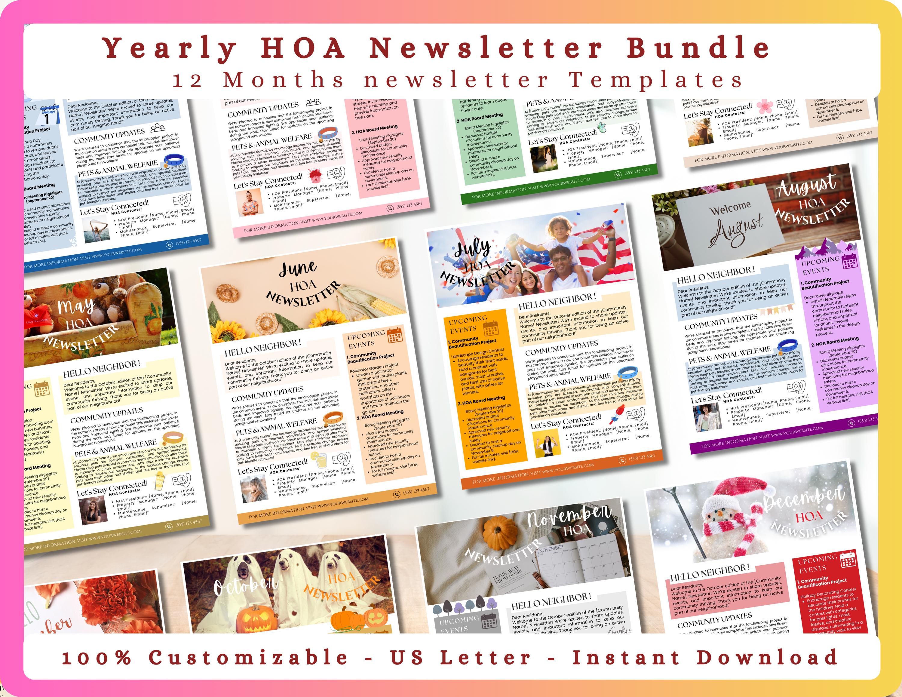 Editable HOA Newsletter Template: 12-Month Canva Bundle (8.5x11) (Digital Download)