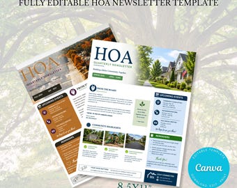 Plantilla editable de boletín informativo para asociaciones de propietarios en Canva para comunidades vecinales.