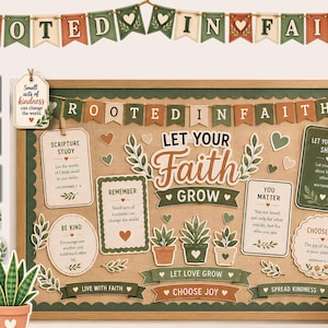 May include: A bulletin board display set featuring a banner with the text ROOTED IN FAITH, various cards with inspirational quotes, and cutouts of potted plants. The colour palette includes shades of sage green, terracotta, and cream.
