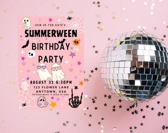 Summerween Birthday Girl Invitation Template | Editable Spooky Summer Party Invite | Canva Download