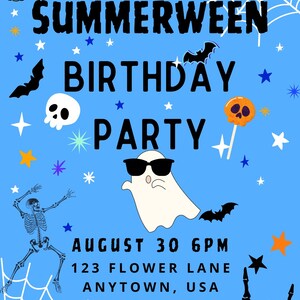 Invitación de cumpleaños veraniega editable para niños: fiesta espeluznante en la piscina, Halloween en verano, descarga digital imprimible.