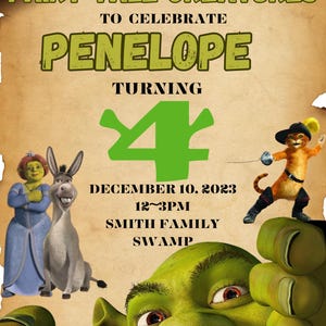 Editable Shrek Forth Birthday Party Invitation Template, Printable Evite, Digital Mobile Birthday, Party With Shrek, Instant Download, Canva