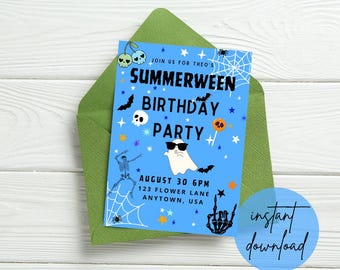 Summerween Birthday Invitation Template | Editable Spooky Summer Party Invite | Canva Download