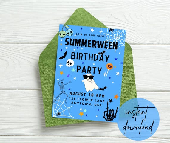 Summerween Birthday Invitation Template | Editable Spooky Summer Party Invite | Canva Download