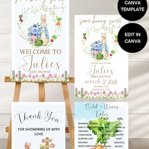 Ensemble baby shower Pierre Lapin | Invitation à un livre de contes classique, plaque de bienvenue, cartes de remerciement et jeux | Modèles de toile modifiables