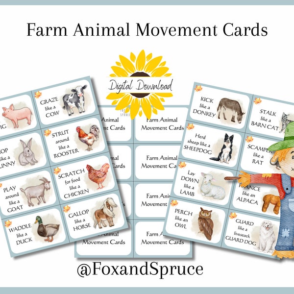 Farm Animal Movement Cards, Brain Breaks, Physical Education Kids, Action Cards, Get Up and Move Cards, Homeschool Phys Ed.