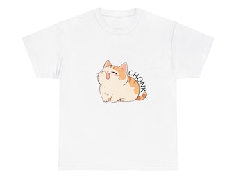 May include: White t-shirt with a cartoon image of a chubby orange and white cat with its tongue sticking out. The cat is sitting down and the text "CHONK" is written next to it.