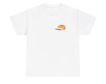 May include: White t-shirt with a cartoon cat wearing a slice of bread as a hat. The text "Just loafing around" is printed below the cat.