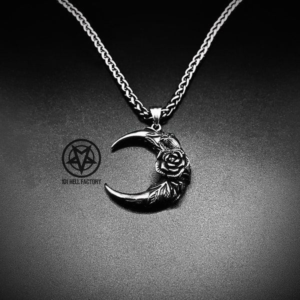 Crescent Moon Necklace - Gothic Pendant Necklace | Rose Necklace | Vampire Twilight Necklace