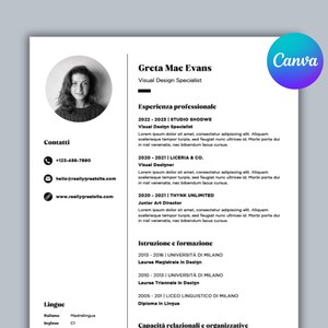 Modello di curriculum moderno in italiano con foto, CV professionale 2025 per Canva e Mac Pages, download immediato in PDF, profilo
