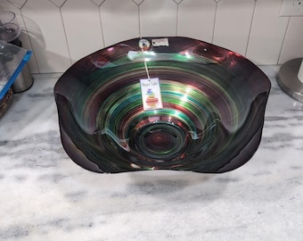 Cuenco grande de vidrio decorado a mano, con colores alegres, 44 cm de diámetro, hecho en Turquía, centro de mesa decorativo.