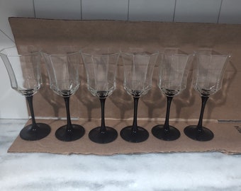 Set of Six Vintage Luminarc France Arcoroc Octime Black Stem Water Goblets 8"