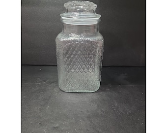 AHSG CO Pressed Diamond Glass Jar, Vintage Waffle Pattern Canister, Lidded Apothecary Storage Container