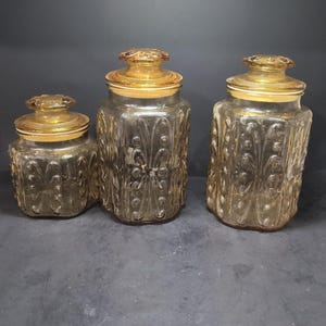 L.E. Smith Scroll Canisters, Set of 3 Amber Glass Containers, Atterbury Glass, Mid-Century Kitchen Decor