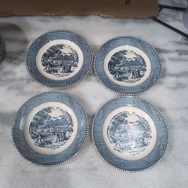 Currier and Ives Bread & Butter Plates Set of 2, Blue White Harvest Time Dishes, Vintage Kitchen Decor