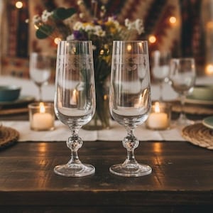 Bohemia Crystal Cascade Champagne Flutes, Set of 2, Vintage Etched Czech Stemware, Replacement Barware