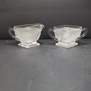 Indiana Glass Co. Sandwich Crystal Creamer & Sugar Set, Footed Glassware, Dining Set, Vintage Tableware, Collectible Glass