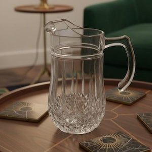 May include: A clear glass pitcher featuring a textured diamond pattern on the lower half and vertical fluted detailing extending toward the rim. The vessel includes a sturdy handle and a pouring spout, crafted from transparent glass material.