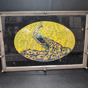 Peacock Serving Tray with Gold Foil Backing, Art Deco Design, Reverse Painted, Vibrant Home Decor, Gift Idea