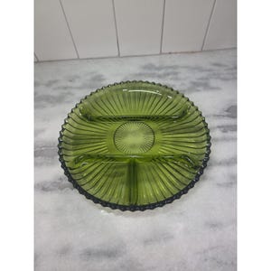 Indiana Glass Divided Relish Dish, Green Ribbed Platter, 4-Part Serving Plate, 10&quot; Vintage Serving Dish