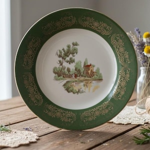 Triumph American Limoges Chateau France Bread Plate, Vintage Forest Green Border, Replacement Dinnerware