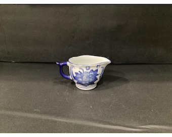 Lotus Blue & White Floral Creamer, Vintage Ceramic Pitcher, Small Milk Jug, Replacement Cottagecore Kitchenware