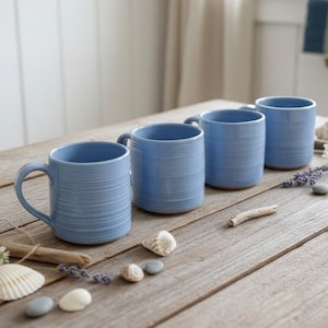 Studio Pottery Art Handcrafted Blue Ribbed Mugs, Set Of 4, Signed Alahas, Replacement Drinkware