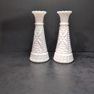 Anchor Hocking Bud Vases, Bars and Stars Milk Glass, 6&quot; Bud Vases, Vintage Home Decor, Collectible Glassware