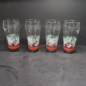 Coca Cola Christmas Glasses, Pine Cones Design Glass Set, Vintage Libbey Green Tint, Holiday Beverage Cups, 6&quot; Drinkware