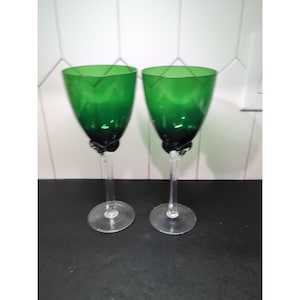 Murano Green Tulip Base Wine Goblet Set, 9.5" Hand Crafted Glasses, Set of 2, Unique Wine Gift, Glassware