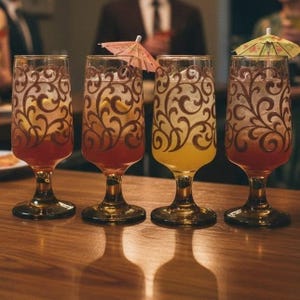 May include: Four stemmed glasses with a brown etched scrollwork pattern, each filled with a liquid and ice. Two glasses feature small decorative paper cocktail umbrellas in pink and yellow, placed on top of the ice within the glass rims.