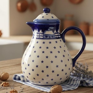 Tetera Boleslawiec de cerámica polaca, modelo Winters Eve, de gres vintage, tetera de cerámica azul/blanca de repuesto.