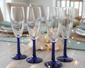 Kobaltblaue Champagnerflöten mit Stiel, 4er-Set, sechseckige Sektgläser, Ersatzgläser