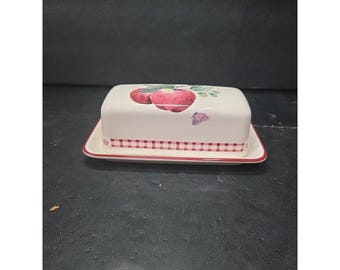Pfaltzgraff Delicious Butter Dish, Apples and Butterfly Design, Replacement Stoneware, Vintage Serving Ware