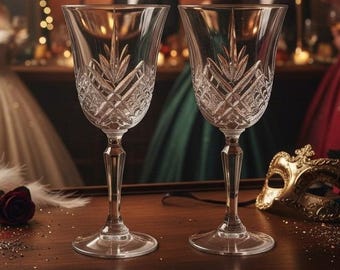 Cristal D'Arques Masquerade Wine Glasses, Set of 2, Vintage Cut Crystal French Stemware