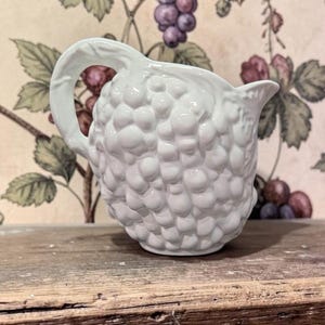 Pier 1 Imports White Ceramic Pitcher, Vintage Embossed Grape Design, Replacement Italian Style Pottery