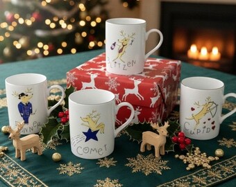 Set di 4 tazze da caffè natalizie con renne di Pottery Barn Donner Cupid Blitzen Comet