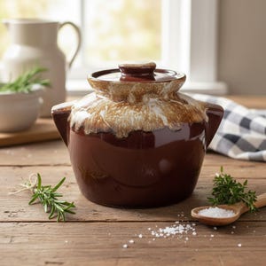 Brown Drip Glaze Bean Pot, Vintage Stoneware Crock, Rustic Farmhouse Kitchen Accent, USA Made