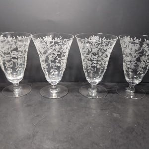 Morgantown &quot;Lace Bouquet&quot; Iced Tea Beverage Glasses, Footed Glass Set of 4, Uranium Glassware, Vintage Drinkware