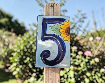 Talavera Sunflower House Number Tile, High Relief #5, Mexican Address Plaque, Outdoor Home Decor