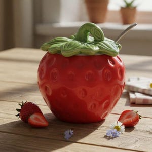 Strawberry Ceramic Jam Jar, Lidded Sugar Bowl With Spoon, Vintage Kitchenware, Replacement Serveware