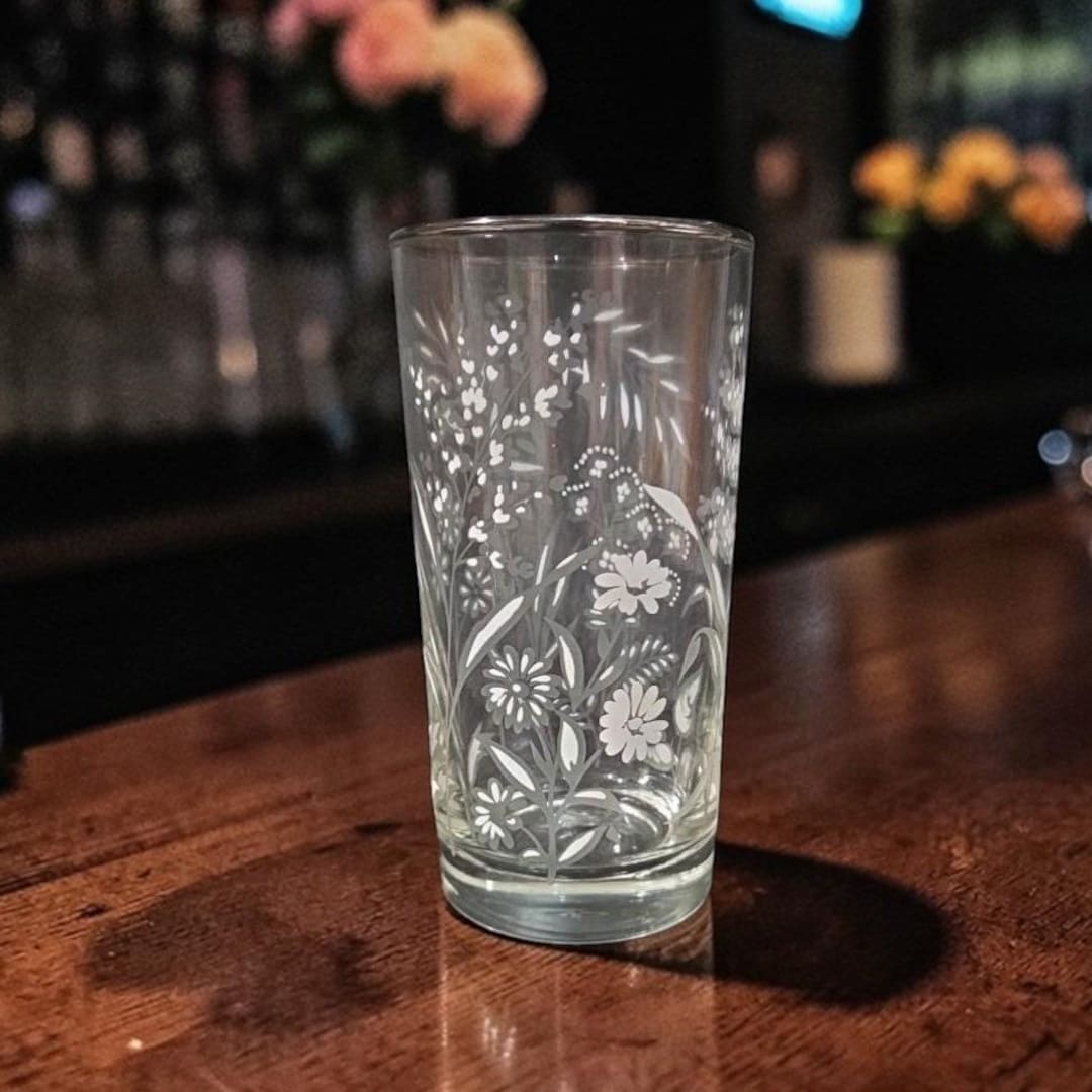 Libbey Etched White Wild Flowers Glass Tumbler, Vintage Silver Rim