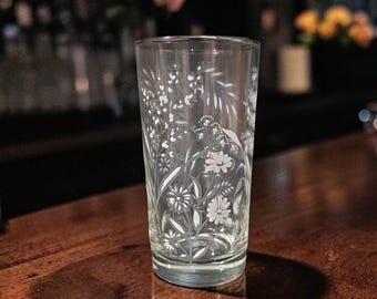Libbey Etched White Wild Flowers Glass Tumbler, Vintage Silver Rim