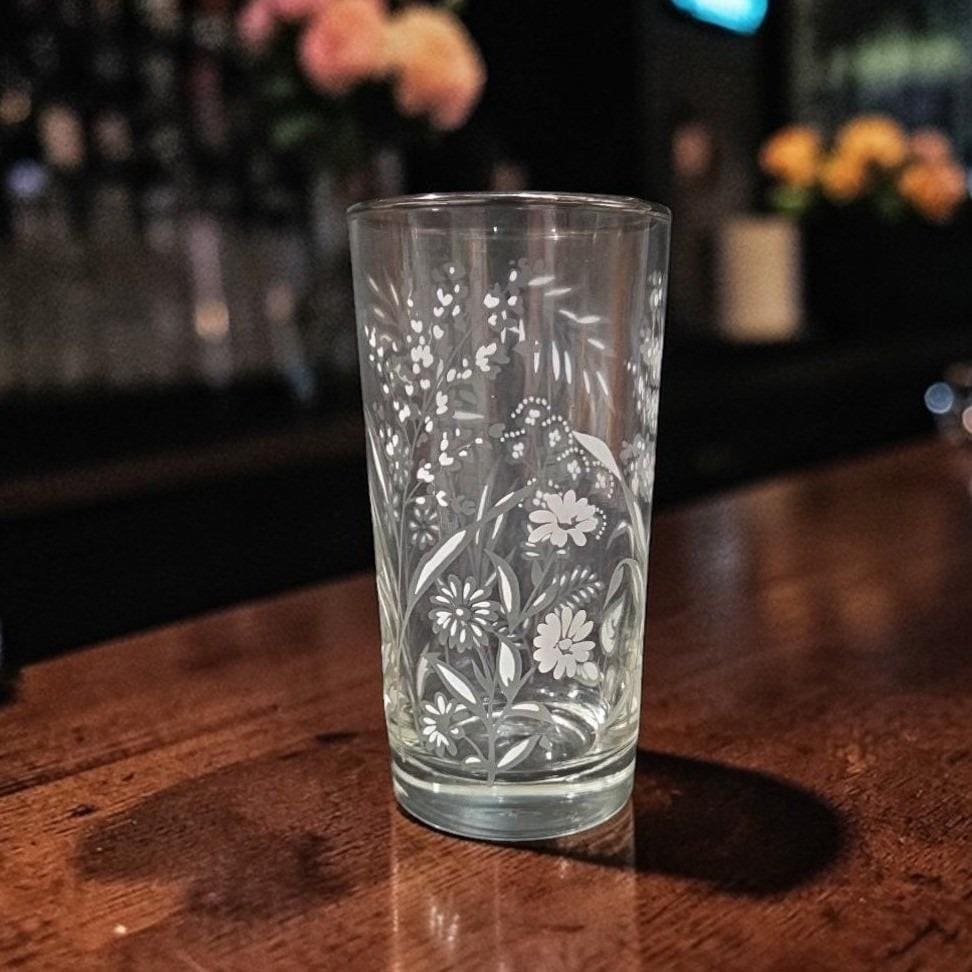 Libbey Etched White Wild Flowers Glass Tumbler, Vintage Silver Rim