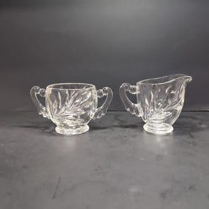 Indiana Glass Set Creamer and Sugar, Clear Vintage Leaf Design, Scroll Handles, Antique Glassware, Collectible