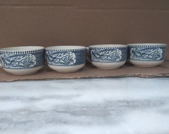Currier and Ives Blue Horse Buggy Coffee Tea Cups Set, Vintage Cups, Set of 4 Cups