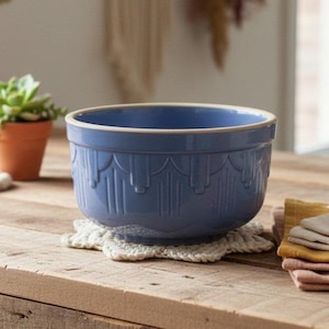 Ruckels White Hall Pottery Crock, Art Deco Blue Stoneware Casserole Bowl, Replacement Kitchenware